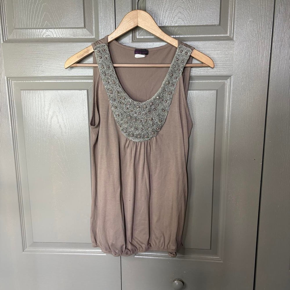 Agenda Y2K Brown Beaded Tank Top Fairy Cottagecore Bubble Hem Cami Large